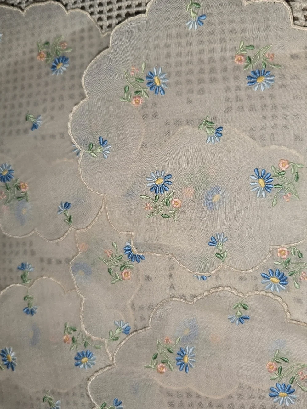 Embroidered Doily White Blue Daisy Scalloped Linen Cocktail Napkin Set Of 8